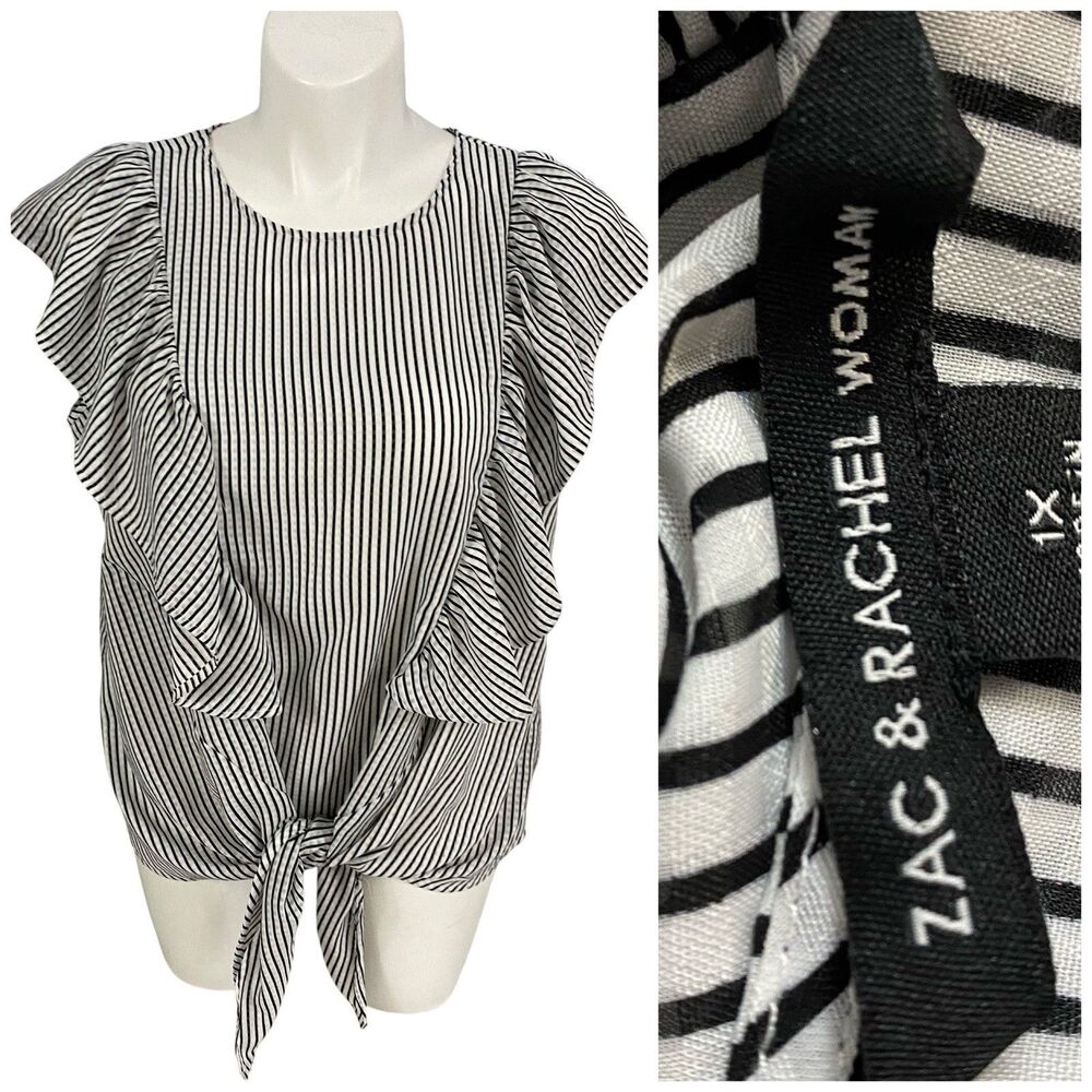 Zac & Rachel Top Womens 1X Blue White Stripe Ruffle Front Tie Nautical Coastal